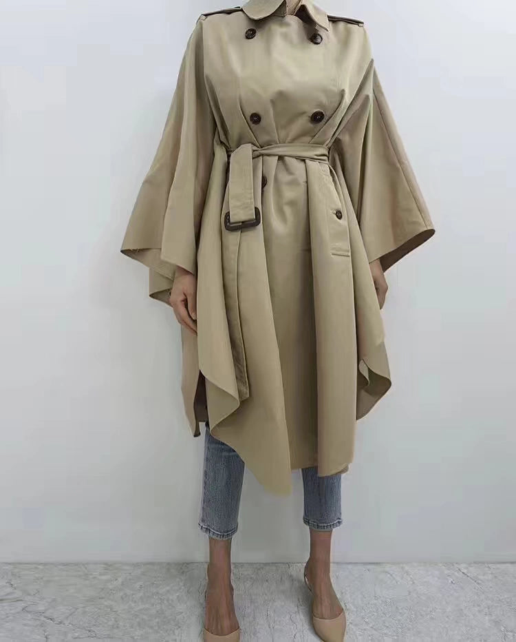 South Korea Genuine Goods Luxury Socialite Pure Color Double Breasted Lapel Lace-up Waist Cloak Shawl Long Trench Coat Large Nude Color Viralgem Store