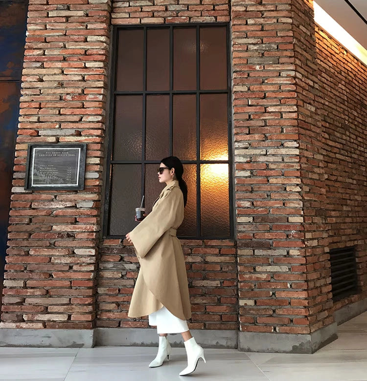 South Korea Genuine Goods Luxury Socialite Pure Color Double Breasted Lapel Lace-up Waist Cloak Shawl Long Trench Coat Large Nude Color Viralgem Store