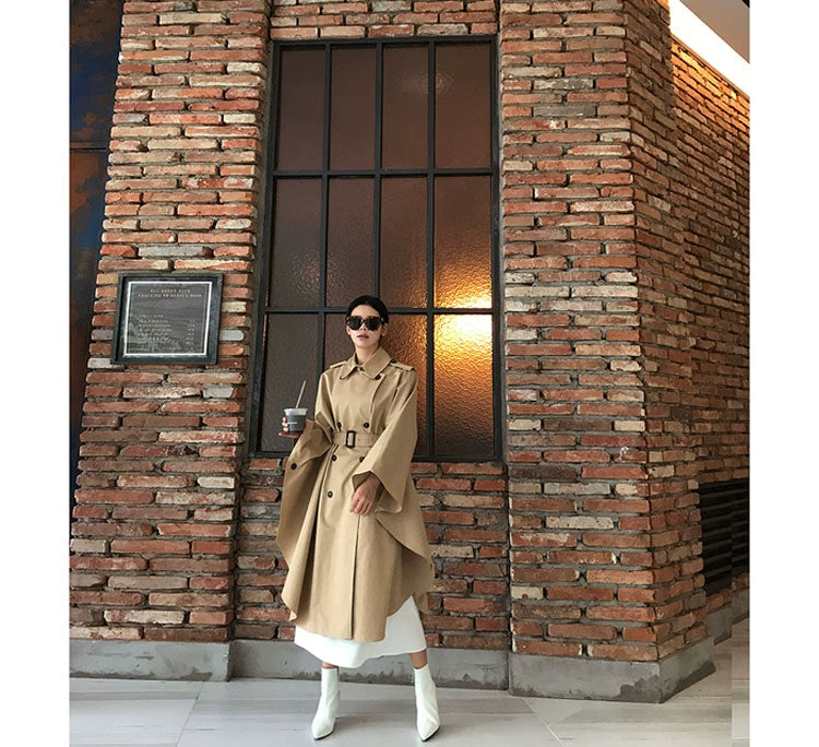 South Korea Genuine Goods Luxury Socialite Pure Color Double Breasted Lapel Lace-up Waist Cloak Shawl Long Trench Coat Large Nude Color Viralgem Store