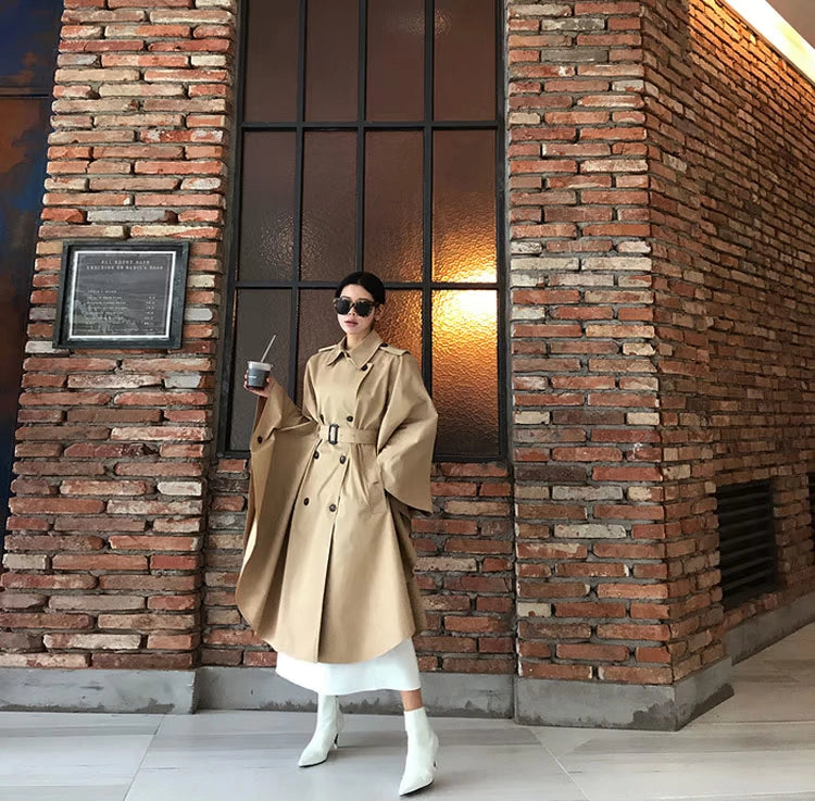 South Korea Genuine Goods Luxury Socialite Pure Color Double Breasted Lapel Lace-up Waist Cloak Shawl Long Trench Coat Large Nude Color Viralgem Store