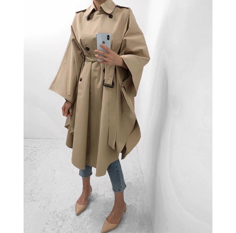 South Korea Genuine Goods Luxury Socialite Pure Color Double Breasted Lapel Lace-up Waist Cloak Shawl Long Trench Coat Large Nude Color Viralgem Store