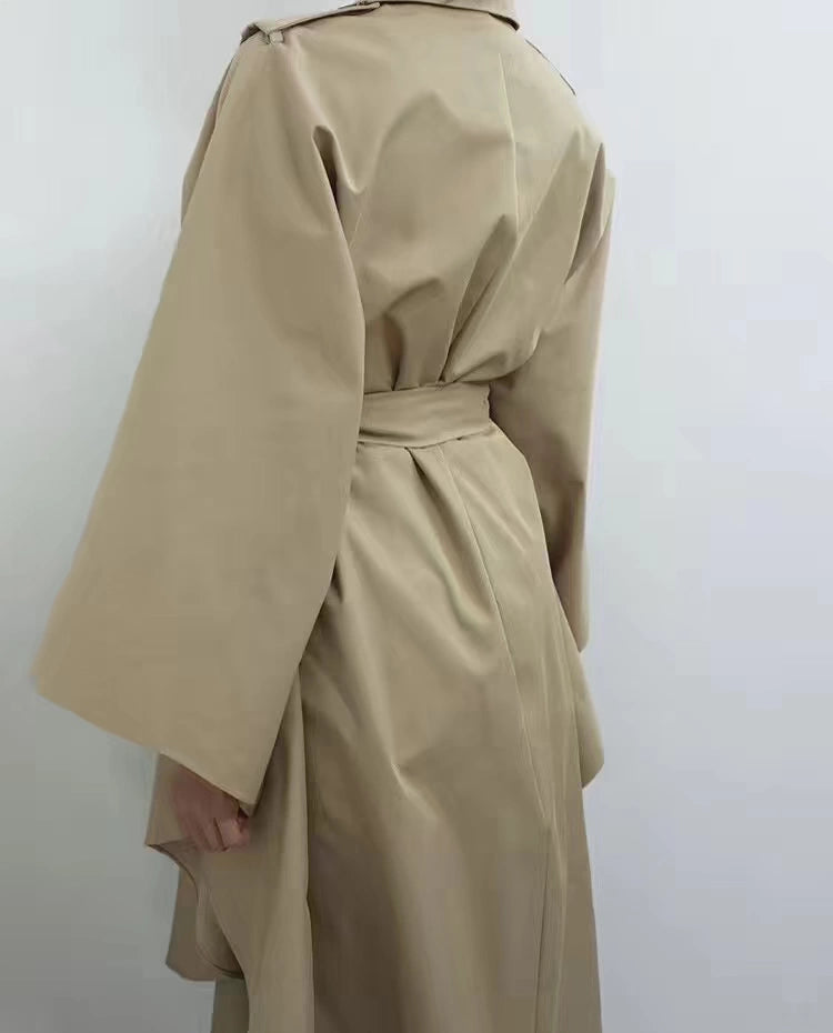 South Korea Genuine Goods Luxury Socialite Pure Color Double Breasted Lapel Lace-up Waist Cloak Shawl Long Trench Coat Large Nude Color Viralgem Store