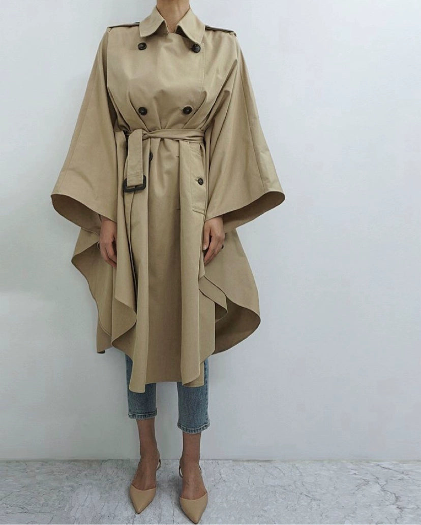 South Korea Genuine Goods Luxury Socialite Pure Color Double Breasted Lapel Lace-up Waist Cloak Shawl Long Trench Coat Large Nude Color Viralgem Store