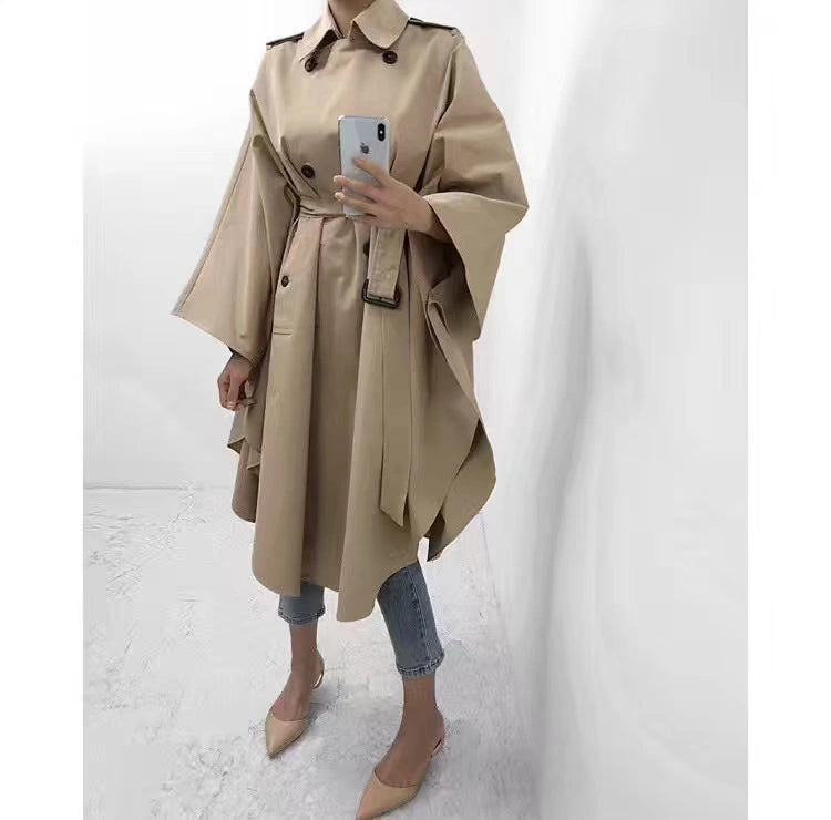 South Korea Genuine Goods Luxury Socialite Pure Color Double Breasted Lapel Lace-up Waist Cloak Shawl Long Trench Coat Large Nude Color Viralgem Store