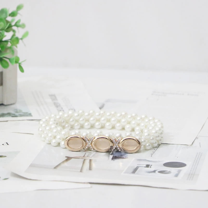 Women's Pearl Elastic Rhinestone Hanfu Waist Dress