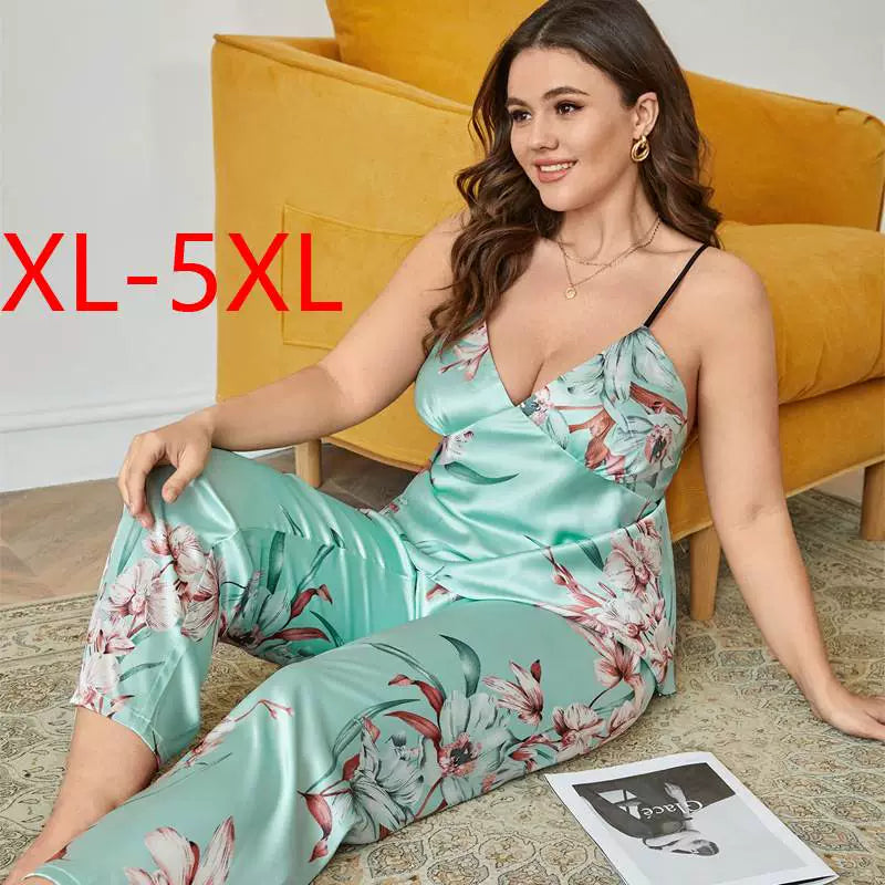100.00kg Plus Size Ladies Plus Size Ice Silk Pajamas Fat Women plus Size Pajamas Set 2pcs 5x