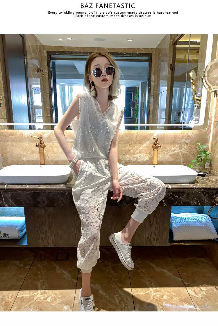 150.00kg Plus Size Heavy Industry Beaded Lace Casual Pants Plus Size Ladies Loose Fashion Thin Hollow Crochet Sports Pants