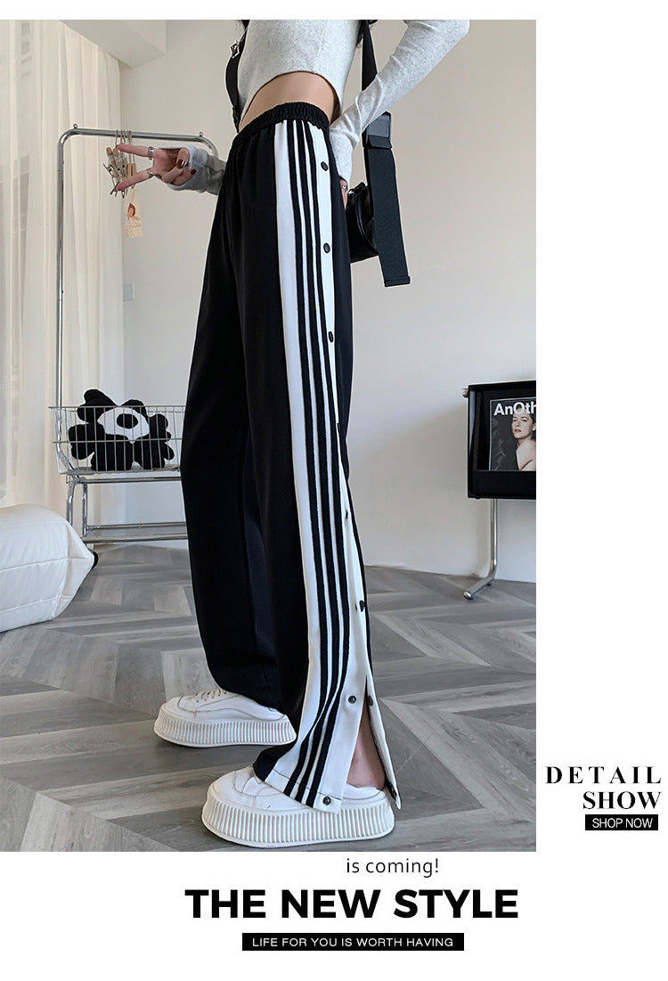Y2K Style Wide Leg Pants for Women, Straight Trousers, High Street Casual, Loose Side Button Sweatpants, Vintage Streetwear,2021