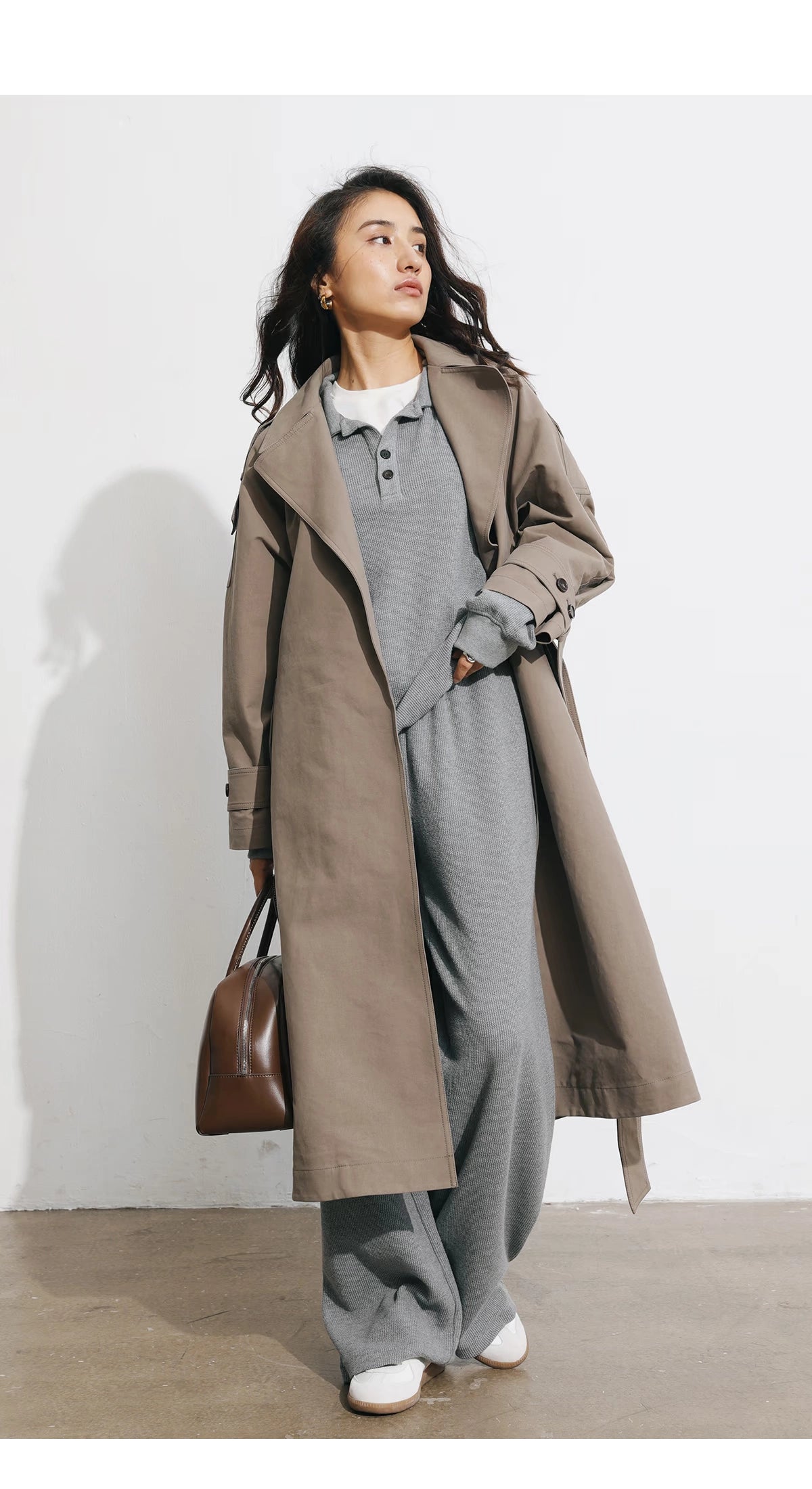 Women's Spring Clothing Fashion Gray Coffee Color Loose Shoulder Ins Style Minimalist Casual Very Wide Long Trench Coat