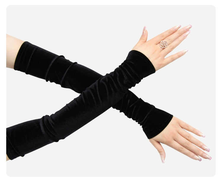 Women's Velvet Open Finger Black Oversleeve Leather Gloves