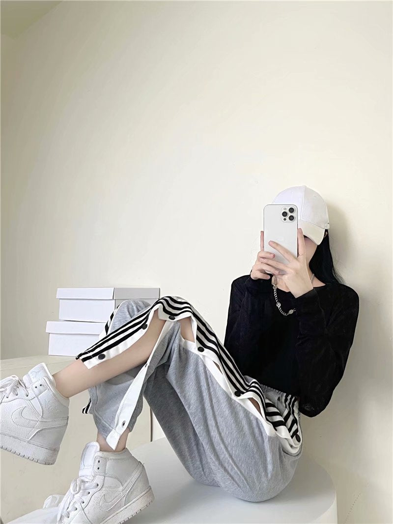 Y2K Style Wide Leg Pants for Women, Straight Trousers, High Street Casual, Loose Side Button Sweatpants, Vintage Streetwear,2021