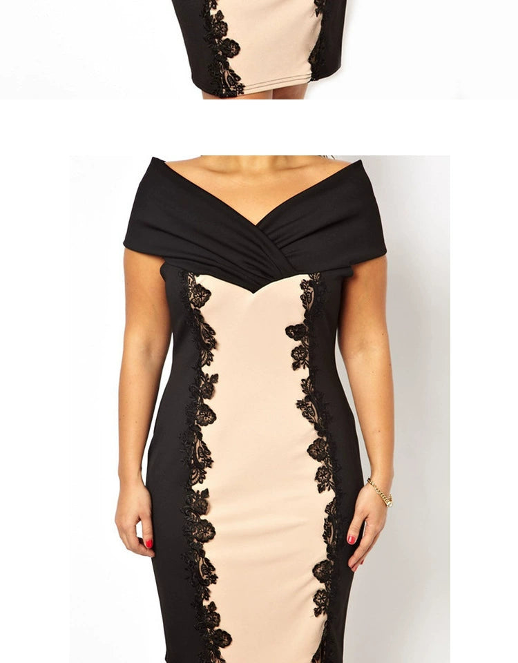 Spring and Summer New Arrival Fashion Plus Size Plus Size Ladies off-Shoulder Fancy Banquet Skirt Lace Patchwork Loose-Fit Short Dress