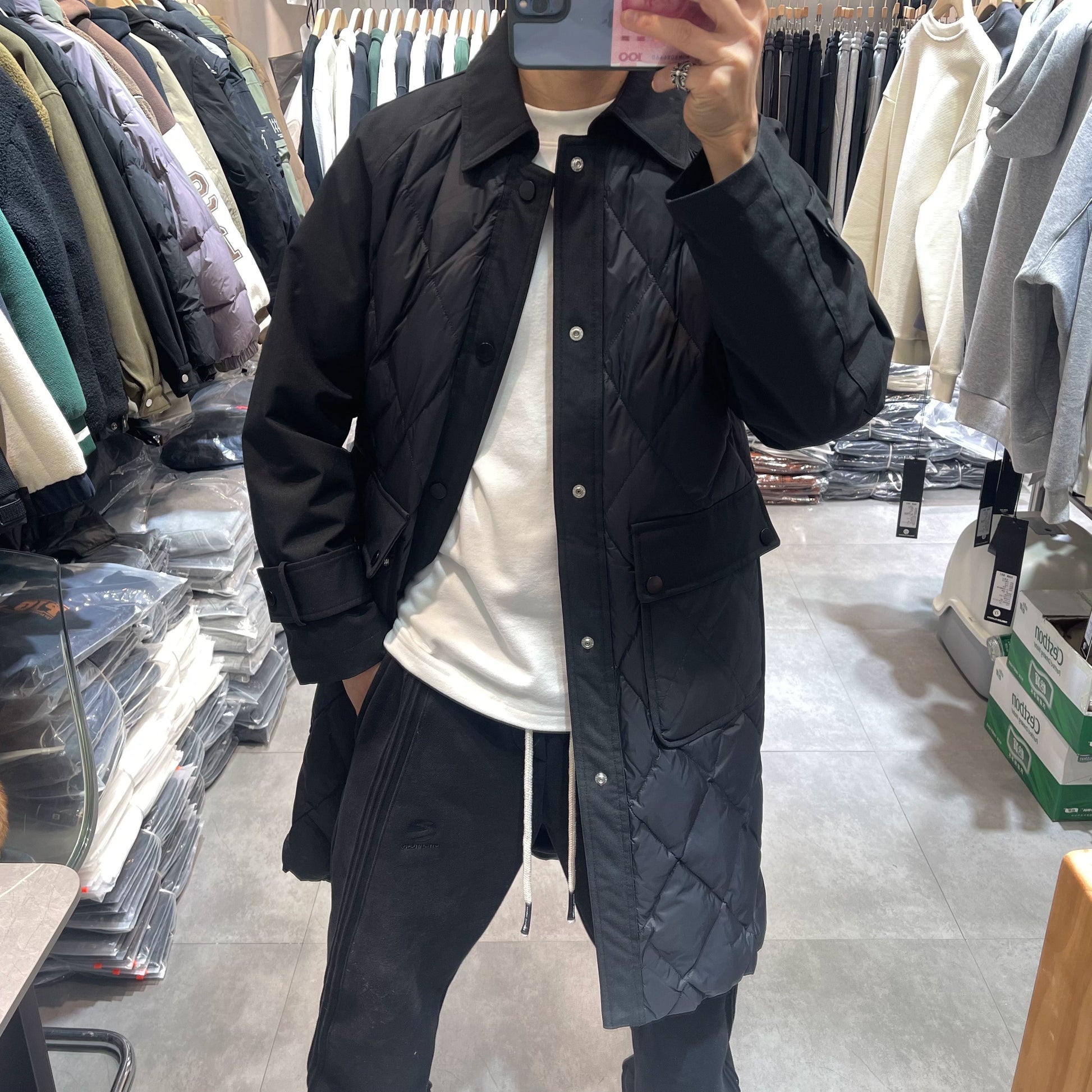 23 Winter Thickened New Duck down Diamond Lattice Mid Length Long Length Trench Coat down Jacket Trendy Loose Retro Warm Outwear Viralgem Store