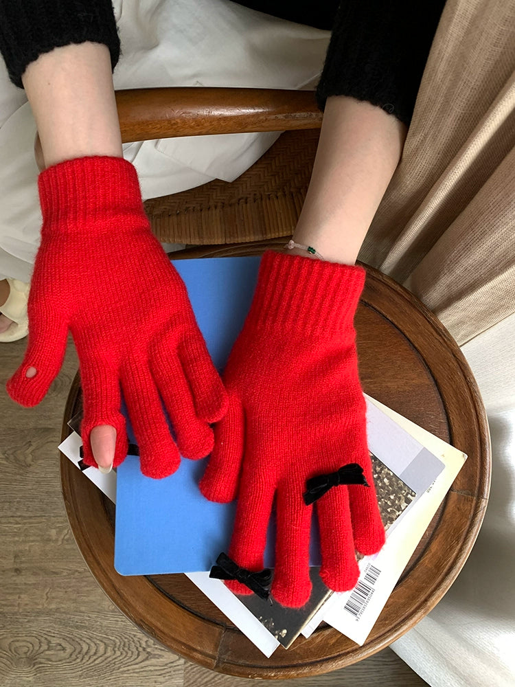South Korea Cute Ins Style Women's Five-Finger Gloves Bow