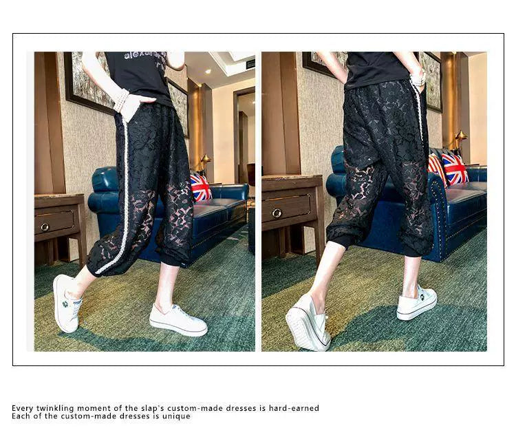 150.00kg Plus Size Heavy Industry Beaded Lace Casual Pants Plus Size Ladies Loose Fashion Thin Hollow Crochet Sports Pants
