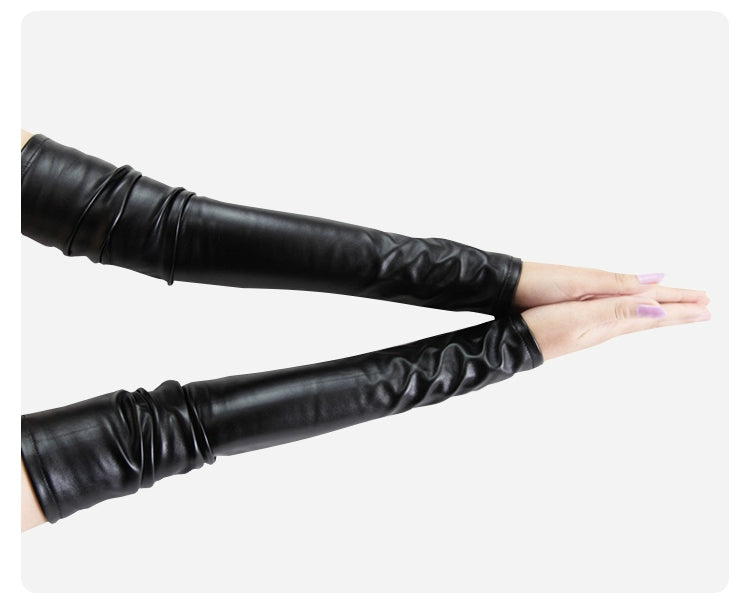 Women's Velvet Open Finger Black Oversleeve Leather Gloves