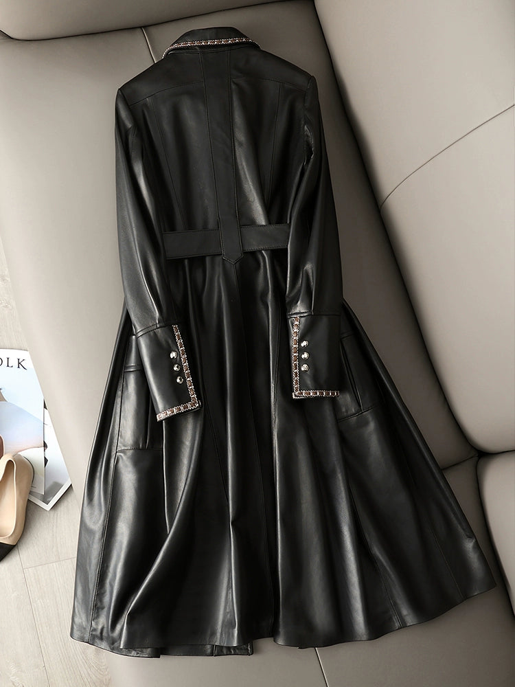 2024 Spring & Fall New Arrival Elegant Large Skirt Sheepskin Genuine Leather Clothes Mid Length Long Length Trench Coat Outwear Female Silm European Goods Viralgem Store