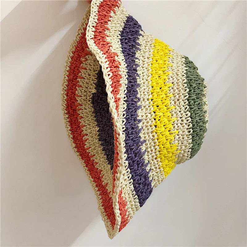Women's Striped Sun Hat Summer Foldable Outing Straw Hat