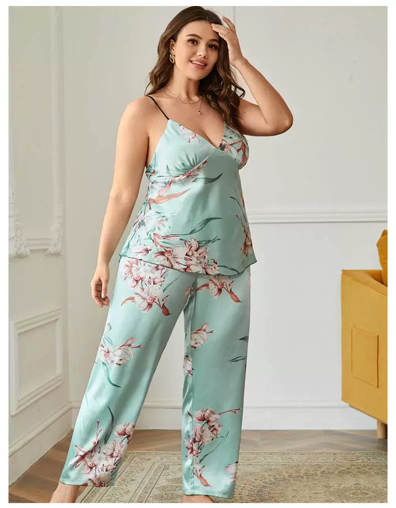 100.00kg Plus Size Ladies Plus Size Ice Silk Pajamas Fat Women plus Size Pajamas Set 2pcs 5x