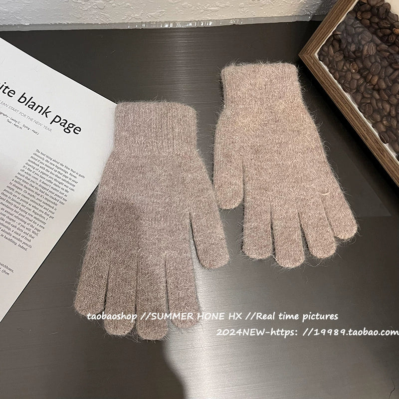 South Korea Ins Solid Color Cycling Gloves Student Cute Wild Cold-Proof Warm Finger Stuffed Knitted Gloves Female Winter