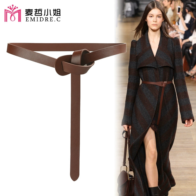 Women's Woolen Sweater Accessories Leather Coffee Color Lengthened Belt