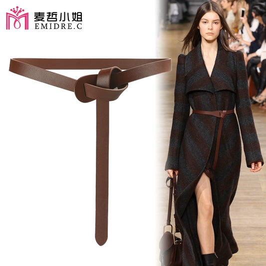 Women's Woolen Sweater Accessories Leather Coffee Color Lengthened Belt