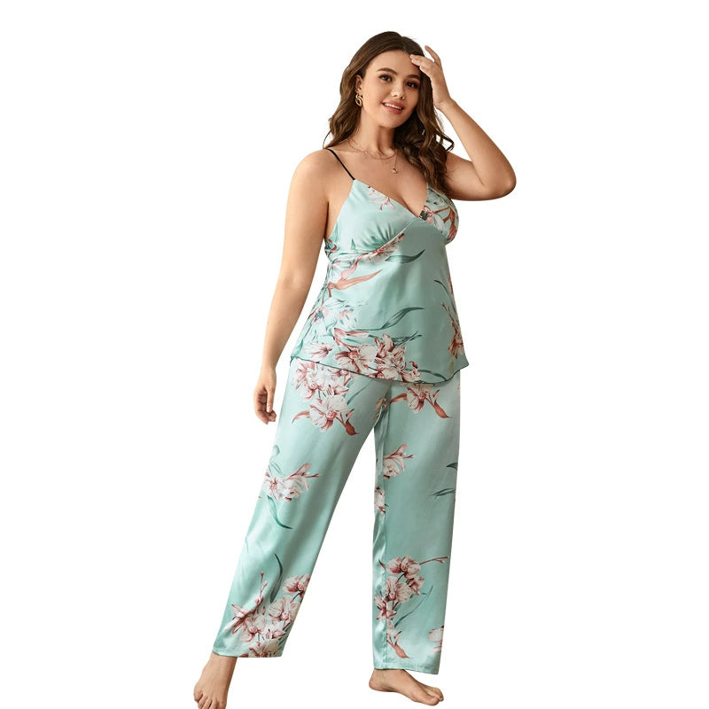 100.00kg Plus Size Ladies Plus Size Ice Silk Pajamas Fat Women plus Size Pajamas Set 2pcs 5x