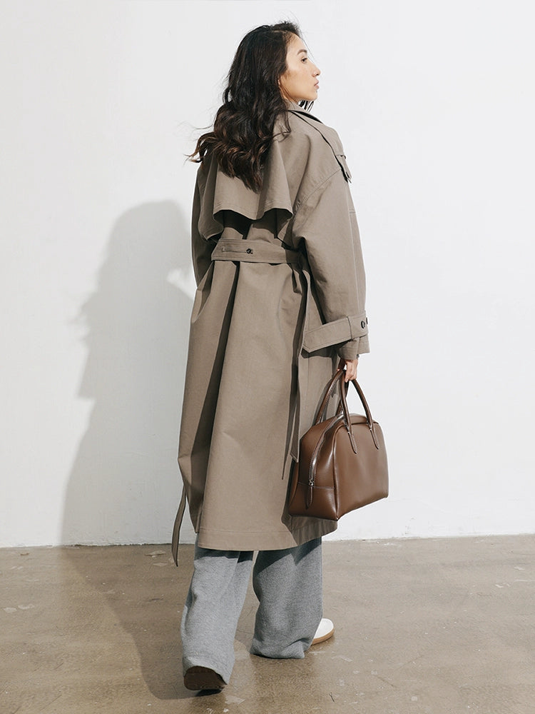 Women's Spring Clothing Fashion Gray Coffee Color Loose Shoulder Ins Style Minimalist Casual Very Wide Long Trench Coat