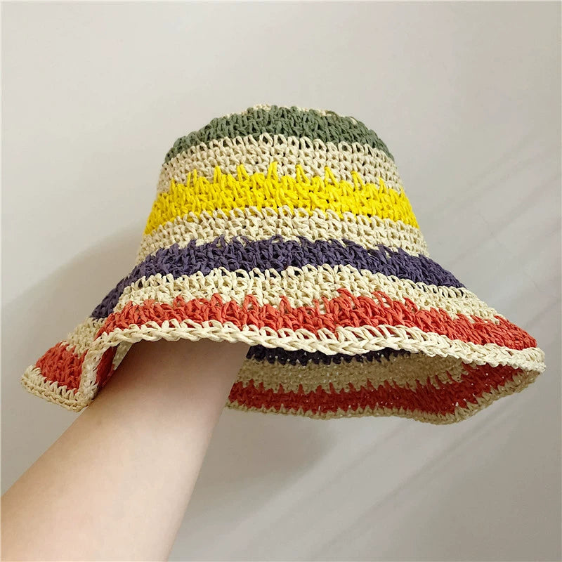Women's Striped Sun Hat Summer Foldable Outing Straw Hat