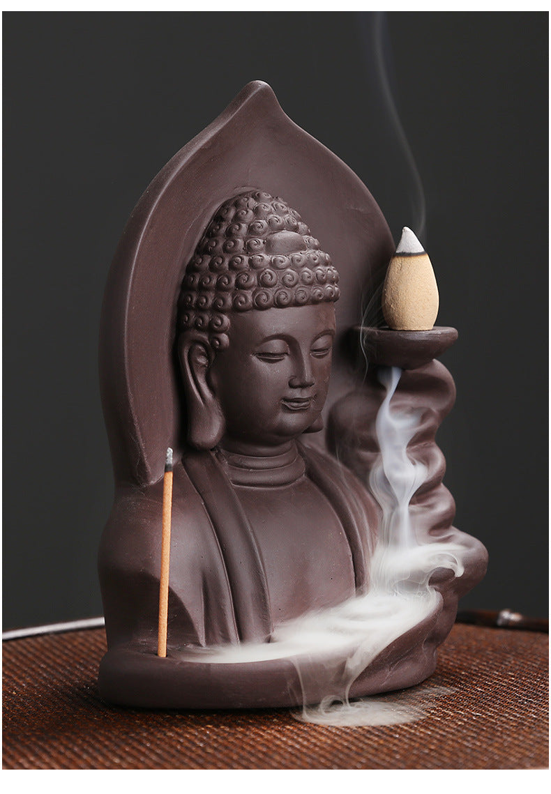 1Pc Auspicious Clouds Buddha Purple Clay Backflow Incense Burner Incense Stick Holder Home Office Tea House Decorate -No Incense