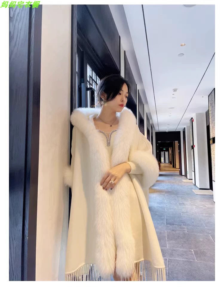 Thickened All-Matching Double-Sided Hooded Large Fur Collar Cape and Shawl