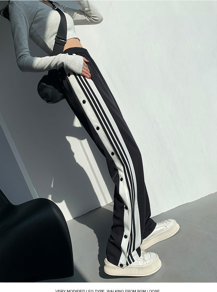 Y2K Style Wide Leg Pants for Women, Straight Trousers, High Street Casual, Loose Side Button Sweatpants, Vintage Streetwear,2021