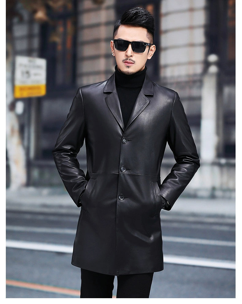 2024 New Arrival Haining Genuine Leather Clothes Men's Mid Length Long Length Trench Coat Fur Outwear Silm K-style Suit Collar Leather Jacket