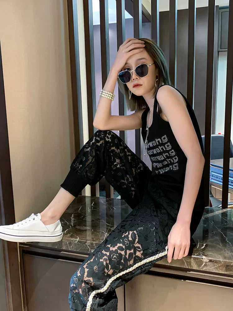 150.00kg Plus Size Heavy Industry Beaded Lace Casual Pants Plus Size Ladies Loose Fashion Thin Hollow Crochet Sports Pants