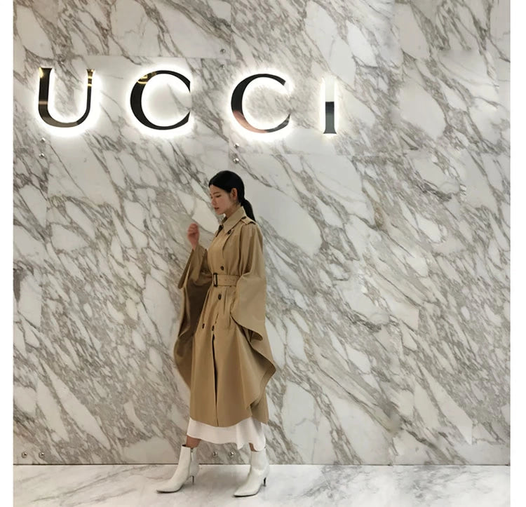 South Korea Genuine Goods Luxury Socialite Pure Color Double Breasted Lapel Lace-up Waist Cloak Shawl Long Trench Coat Large Nude Color Viralgem Store