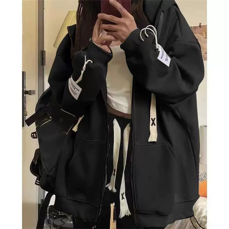150.00kg Plus Size American Hooded Sweatshirt Female Plus Size Ladies Loose BF Idle Style Long-Sleeve Zipper Cardigan Outerwear Top