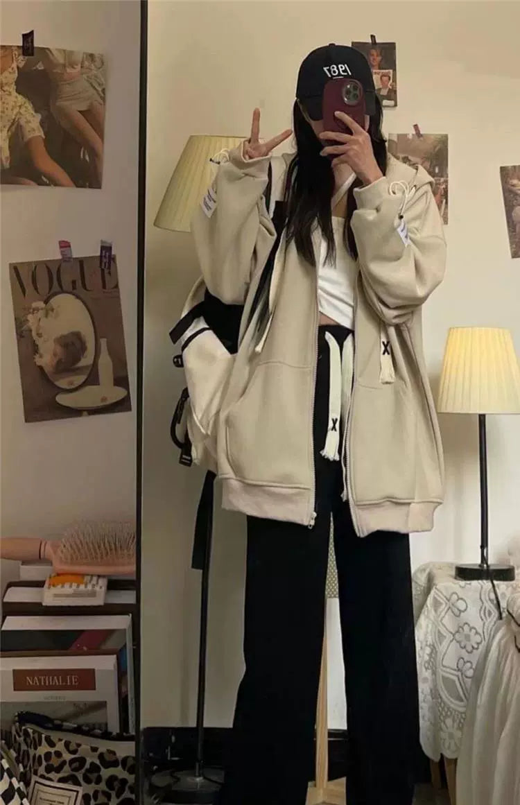 150.00kg Plus Size American Hooded Sweatshirt Female Plus Size Ladies Loose BF Idle Style Long-Sleeve Zipper Cardigan Outerwear Top