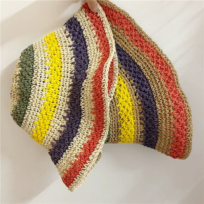Women's Striped Sun Hat Summer Foldable Outing Straw Hat