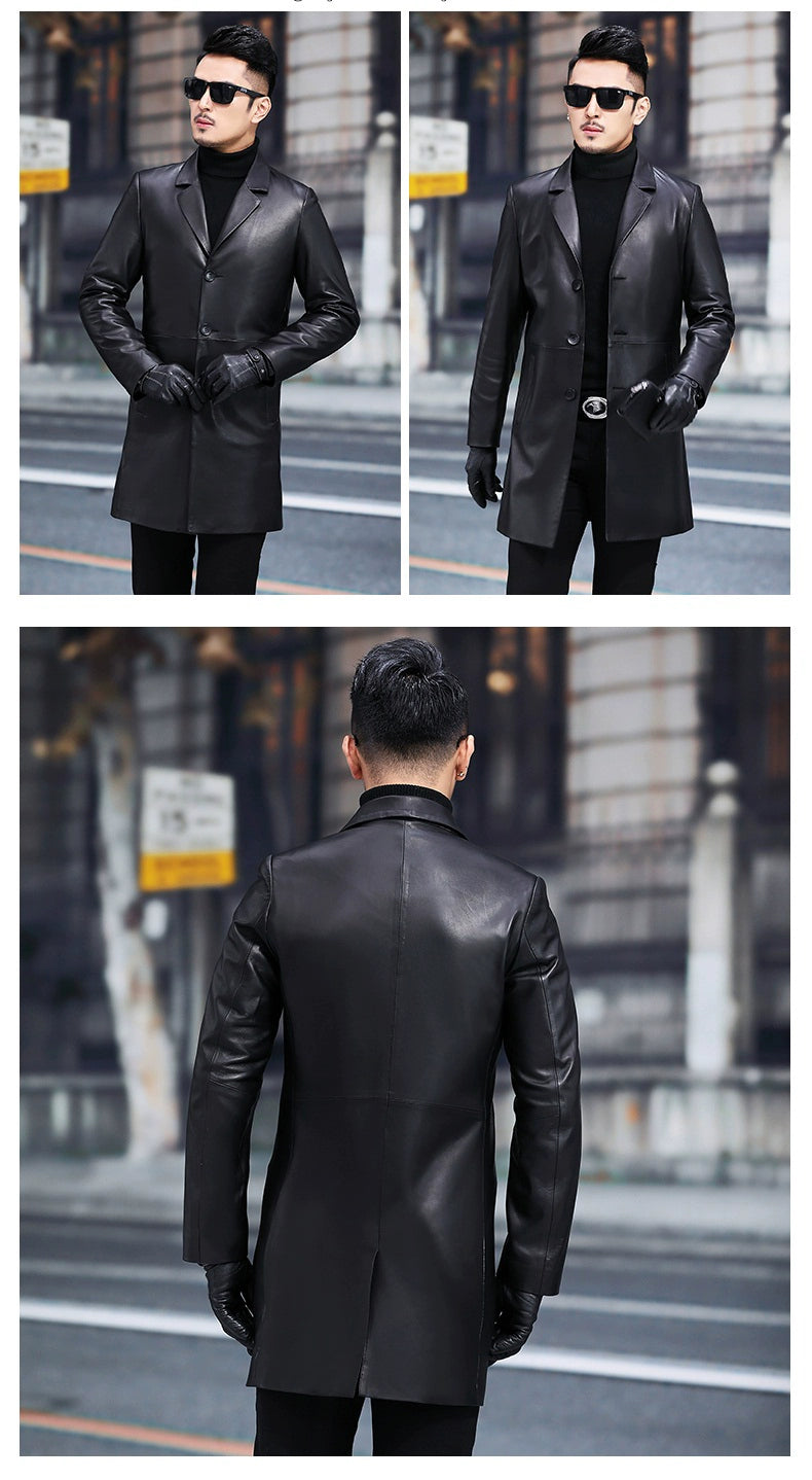 2024 New Arrival Haining Genuine Leather Clothes Men's Mid Length Long Length Trench Coat Fur Outwear Silm K-style Suit Collar Leather Jacket