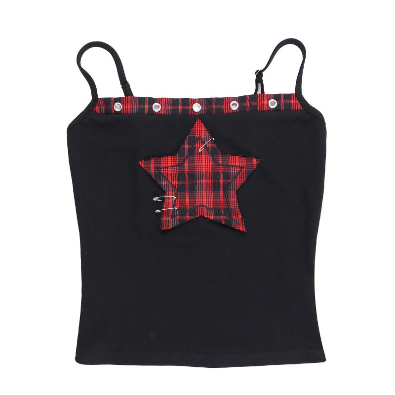 AltGoth Streetwear Y2k Camis Women Aesthetic Mall Goth Red Plaid Pentagram Patchwork Crop Tank Tops Harajuku Cyber Punk Clothes