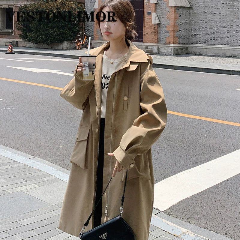 Vestonlimor Fall New Arrival K-style French British Style Elegant Slimming Hooded Mid Length Long Length Trench Coat Outwear