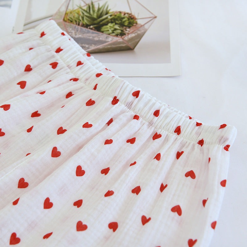 Summer Japanese Style Sweet Crepe Cotton Kimono Pajamas Lapel Cartoon Cute Printing Loose Loungewear Women 2 Piece Sleepwear