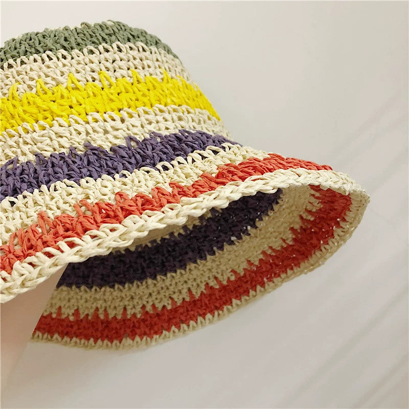 Women's Striped Sun Hat Summer Foldable Outing Straw Hat