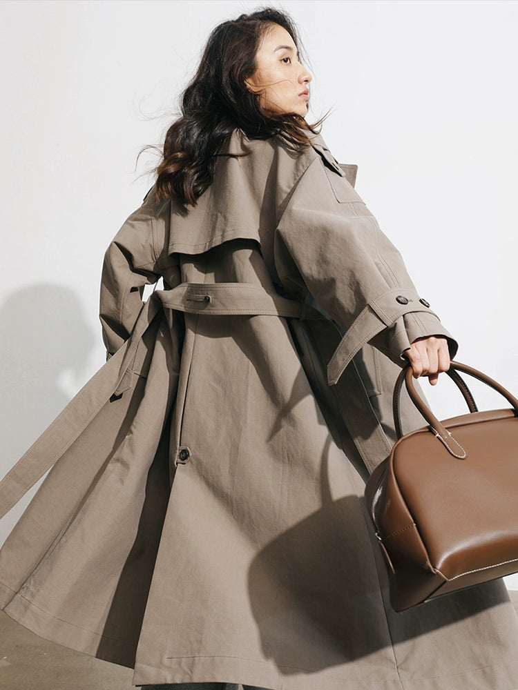 Women's Spring Clothing Fashion Gray Coffee Color Loose Shoulder Ins Style Minimalist Casual Very Wide Long Trench Coat