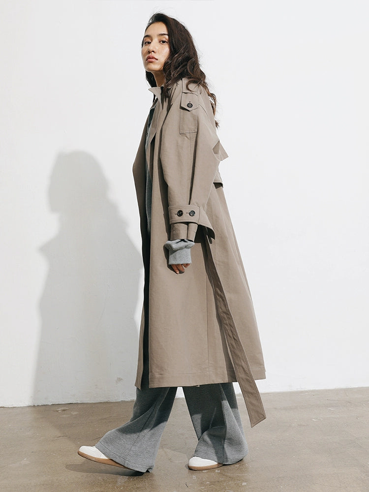 Women's Spring Clothing Fashion Gray Coffee Color Loose Shoulder Ins Style Minimalist Casual Very Wide Long Trench Coat