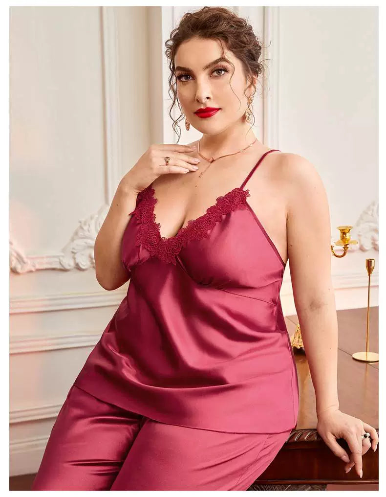 100.00kg Plus Size Ladies Plus Size Ice Silk Pajamas Fat Women plus Size Pajamas Set 2pcs 5x