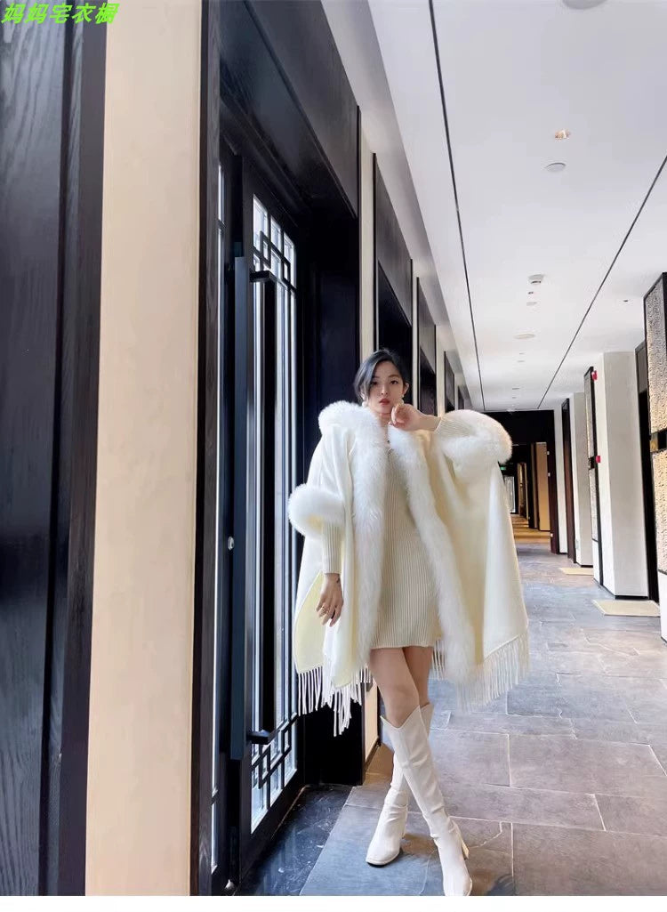 Thickened All-Matching Double-Sided Hooded Large Fur Collar Cape and Shawl