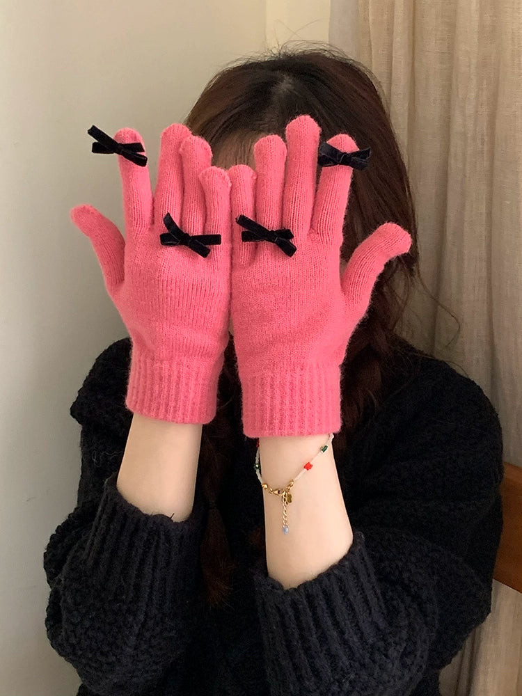 South Korea Cute Ins Style Women's Five-Finger Gloves Bow