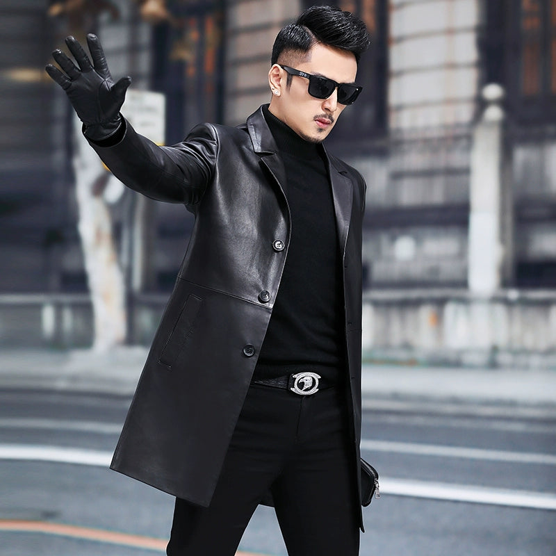 2024 New Arrival Haining Genuine Leather Clothes Men's Mid Length Long Length Trench Coat Fur Outwear Silm K-style Suit Collar Leather Jacket