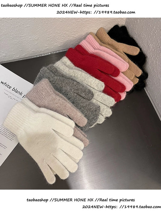 South Korea Ins Solid Color Cycling Gloves Student Cute Wild Cold-Proof Warm Finger Stuffed Knitted Gloves Female Winter